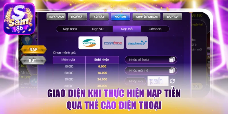 Giao diện khi thực hiện nạp tiền qua thẻ cào điện thoại