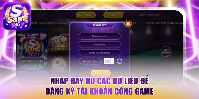 Nhập đầy đủ các dữ liệu để đăng ký tài khoản cổng game
